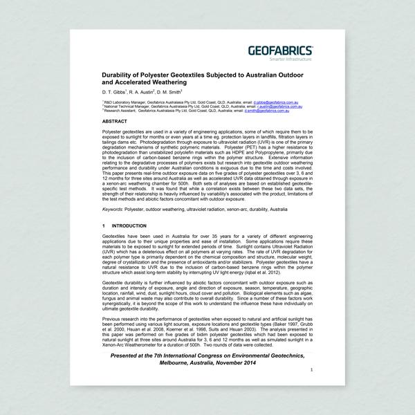 White Paper Cover: Durability of Polyester Geotextiles Subjected to Australian Outdoor and Accelerated Weathering